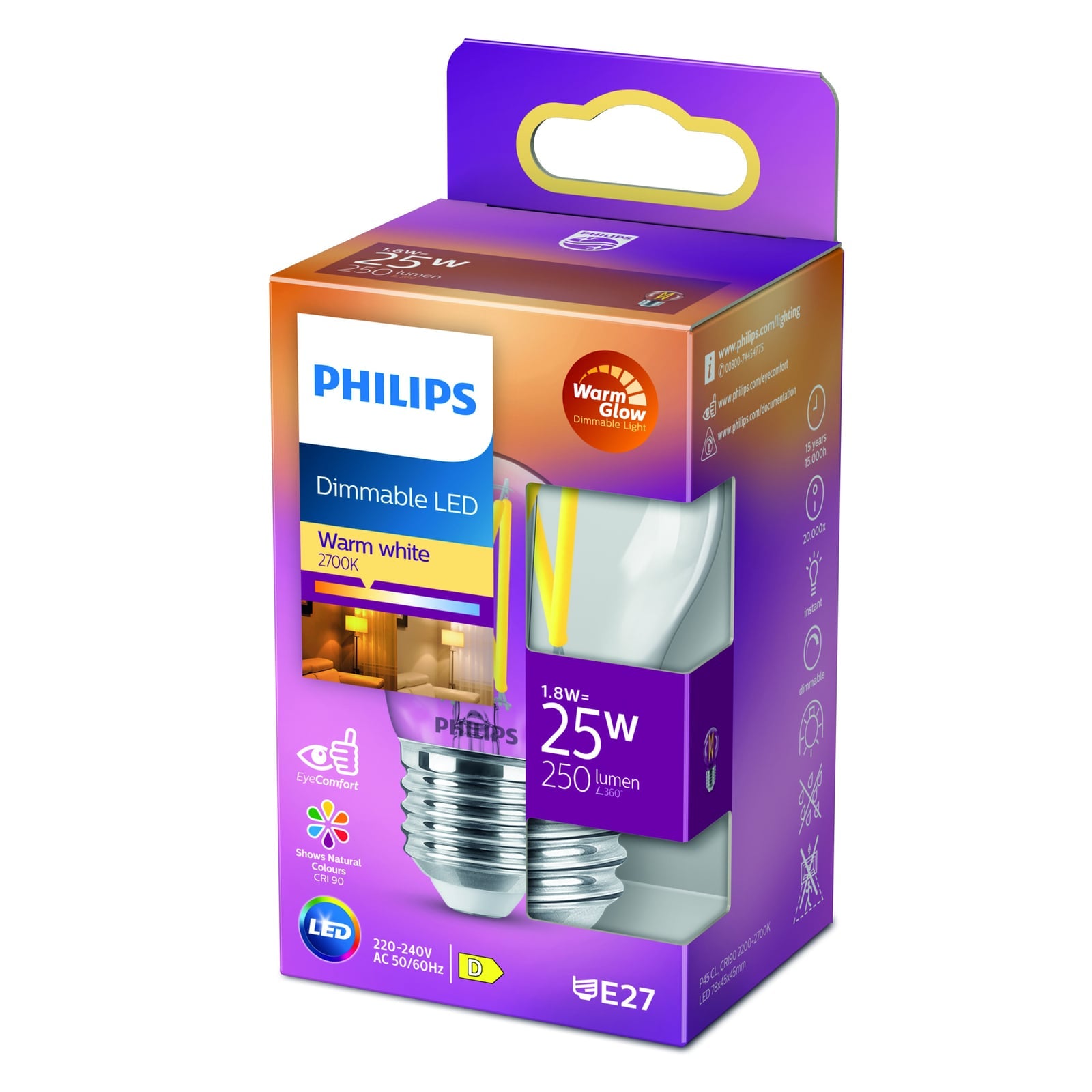 LED filamentpære E27 P45 2,5W WarmGlow dimbar klar Philips med filamenteffekt