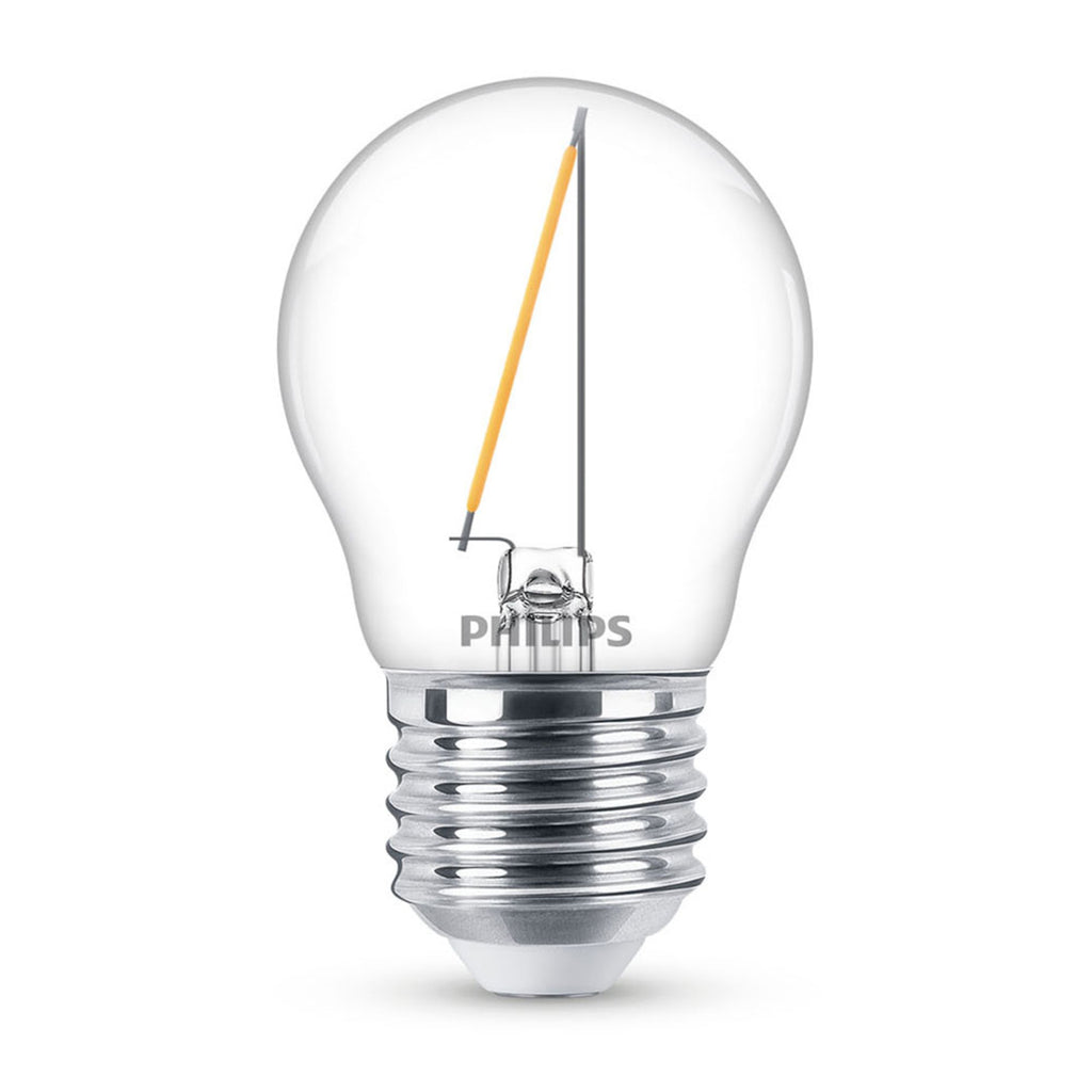 LED filamentpære E27 P45 1,4W 2700K klar dråpeform forfra