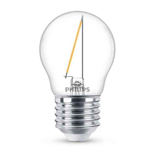 LED filamentpære E27 P45 1,4W 2700K klar dråpeform forfra