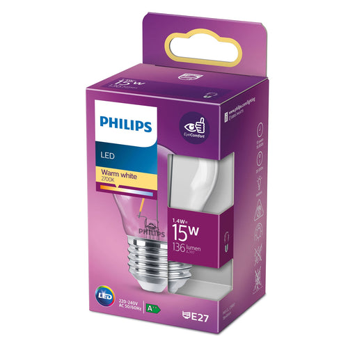 LED filamentpære E27 P45 1,4W 2700K klar dråpeform bakside