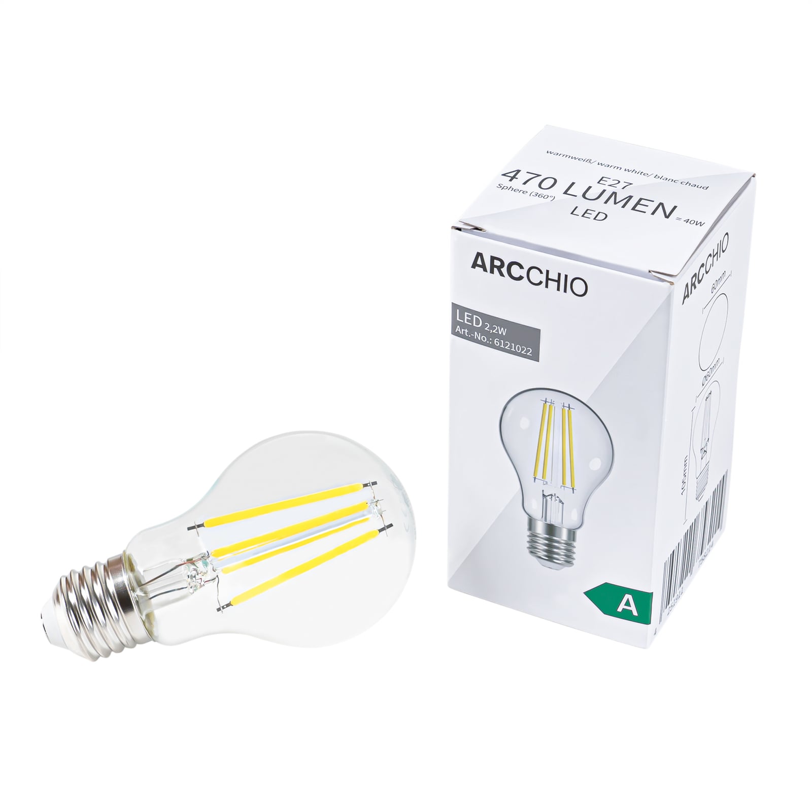 LED filamentpære E27 pæreform 2,2W 3000K klar - Arcchio bakside