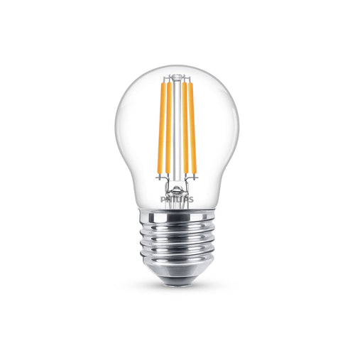 LED filamentpære E27 dråpeform 6,5W 2700K klar 806lm Philips forfra