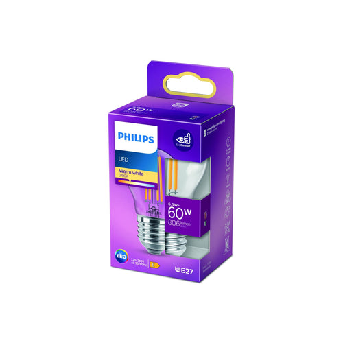 LED filamentpære E27 dråpeform 6,5W 2700K klar 806lm Philips bakside