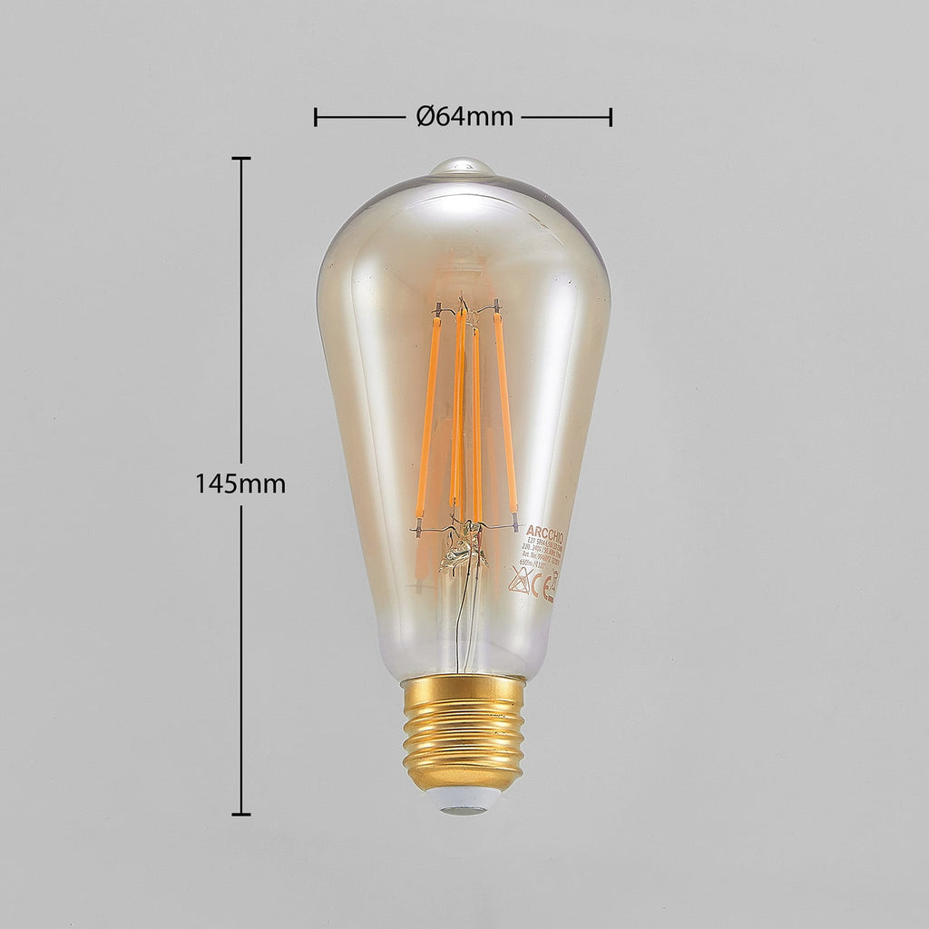 LED filamentpære E27 ST64 6,5W 2500K amber dimbar Arcchio montert i lampe