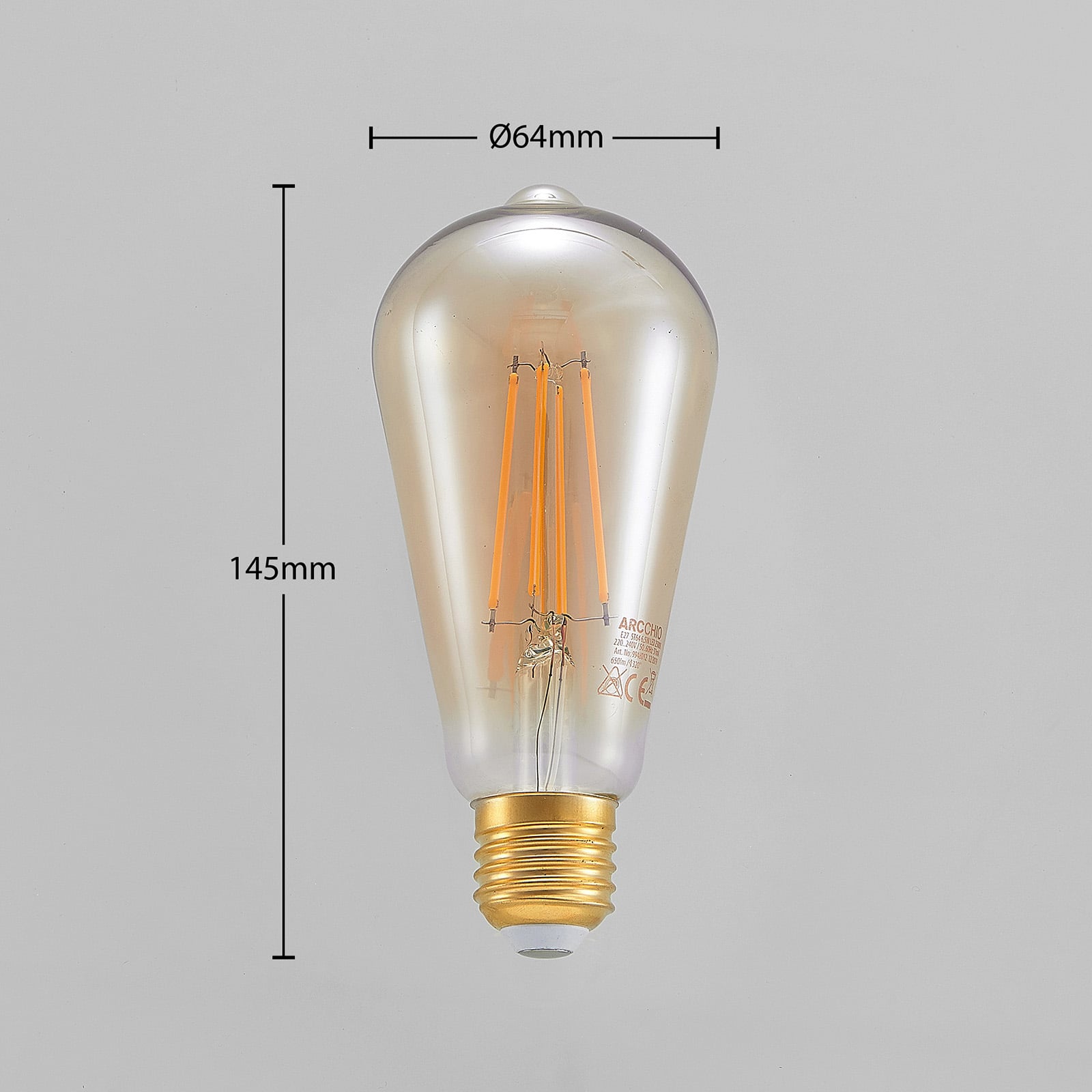 LED filamentpære E27 ST64 6,5W 2500K amber dimbar Arcchio montert i lampe