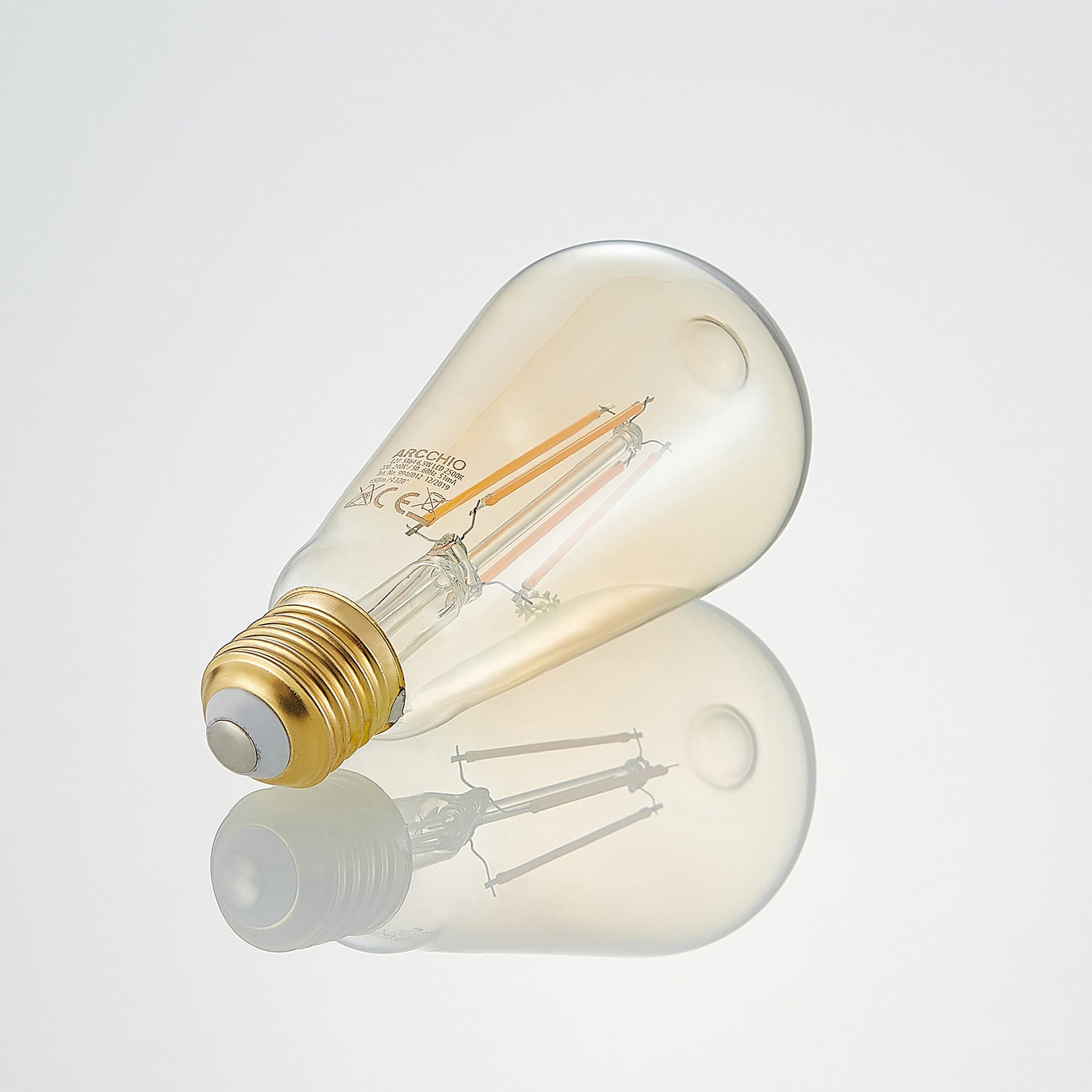 LED filamentpære E27 ST64 6,5W 2500K amber dimbar Arcchio nærbilde av glass