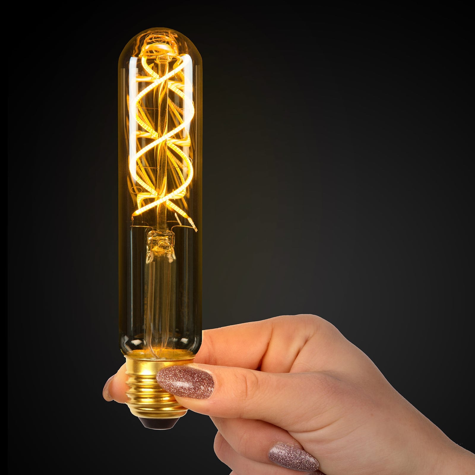 LED filamentpære E27 T30 rørform amber 5W 2200K dimbar - nærbilde av kolbe