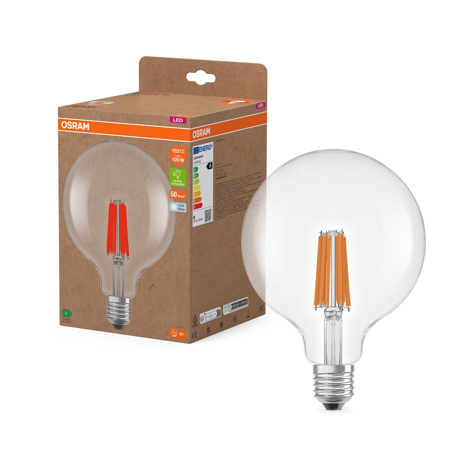 Nærbilde av LED filamentpære Globe G125 E27 7,2W 4000K klar OSRAM