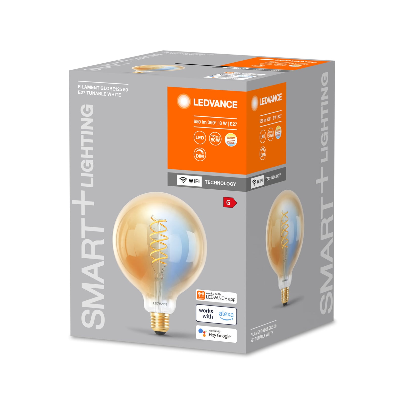 LED filamentpære Globe G125 E27 8W CCT gull WiFi bakside