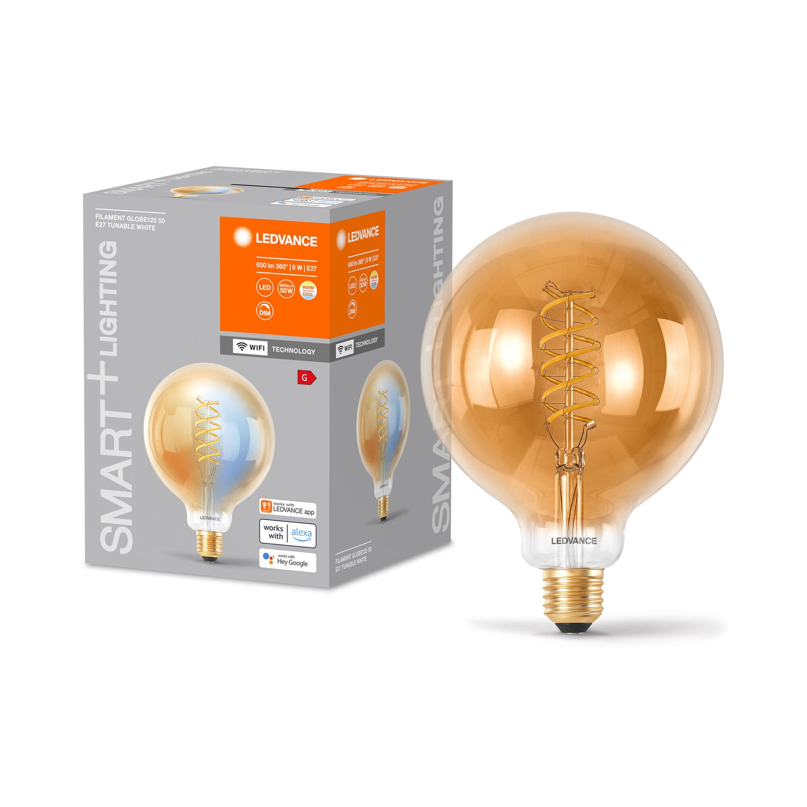 LED filamentpære Globe G125 E27 8W CCT gull WiFi nærbilde av filament