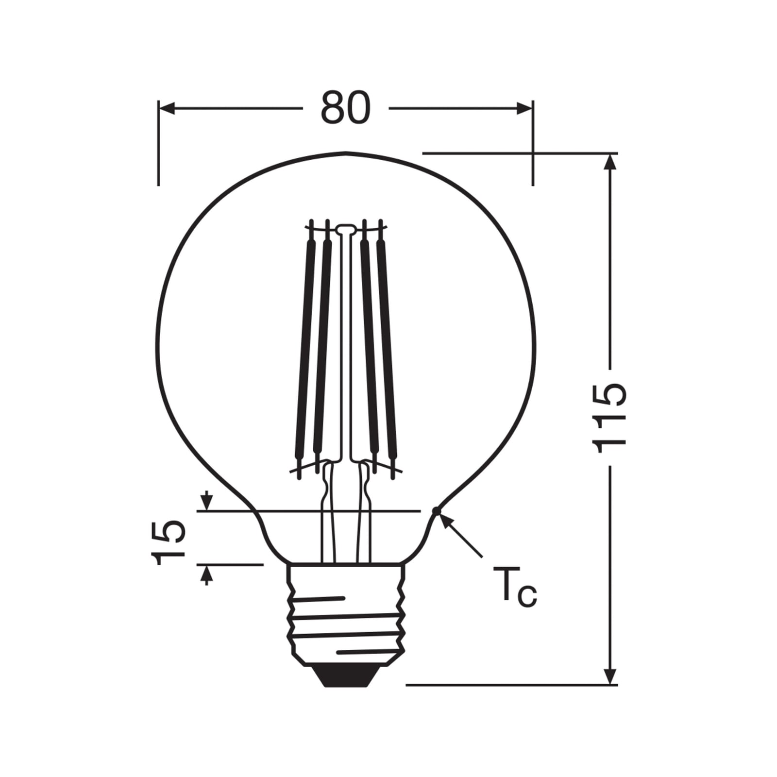 Bakside av LED filamentpære Globe G80 E27 2,2W 2700K klar OSRAM