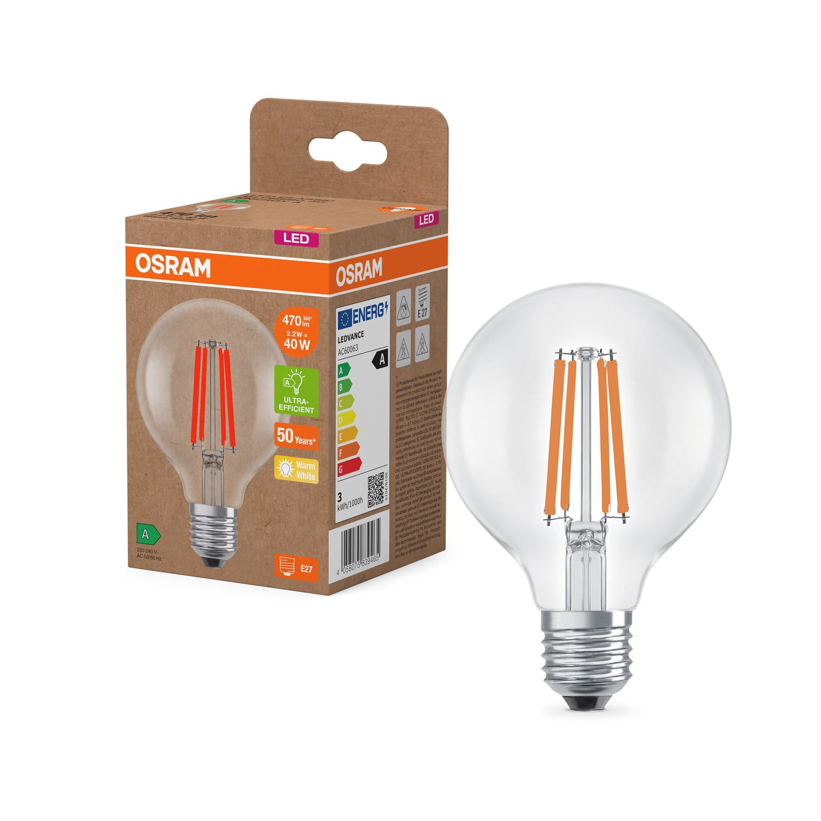 Nærbilde av klar LED filamentpære Globe G80 E27 2,2W 2700K OSRAM