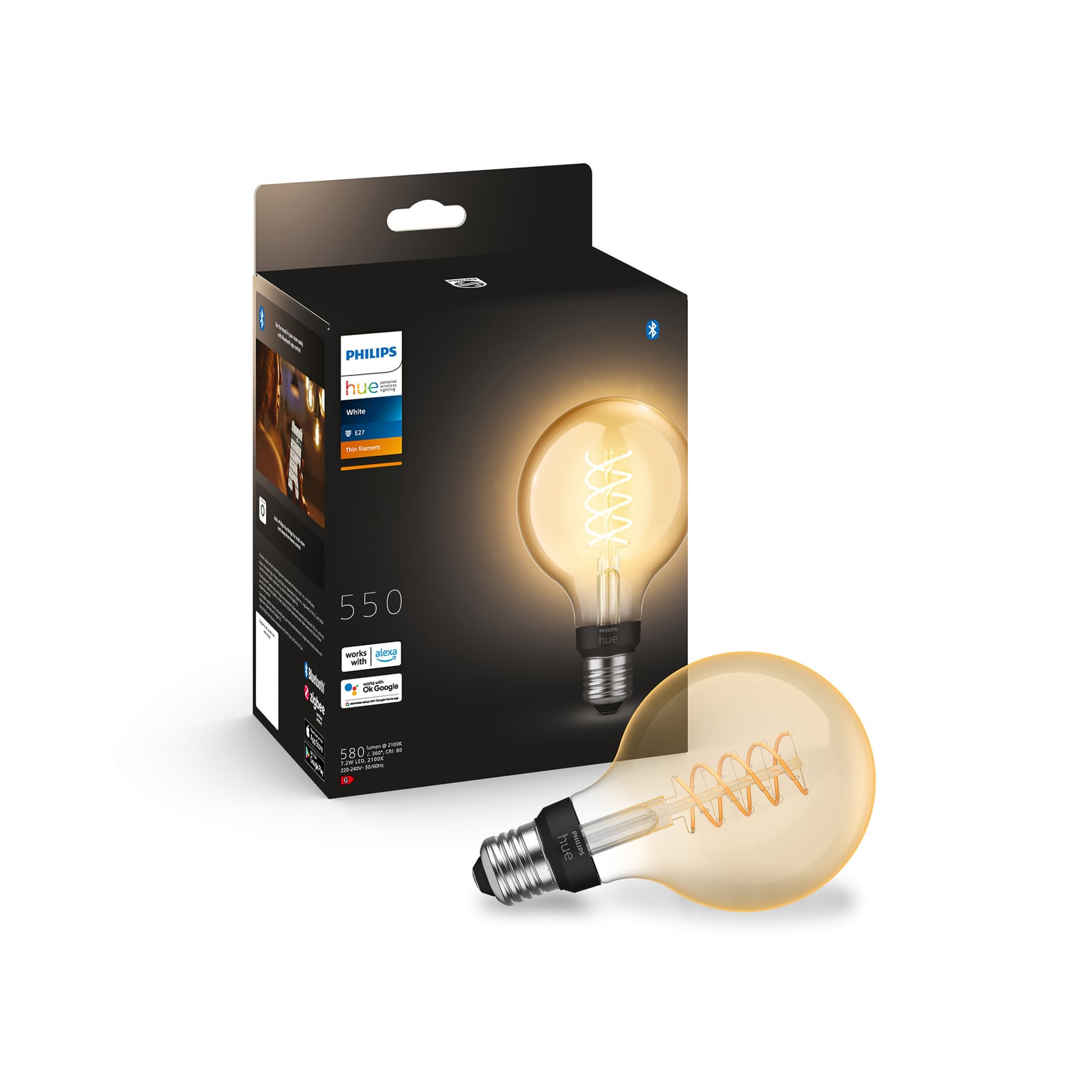LED filamentpære globe G93 E27 7,2W 2100K dimbar - Philips Hue i bruk