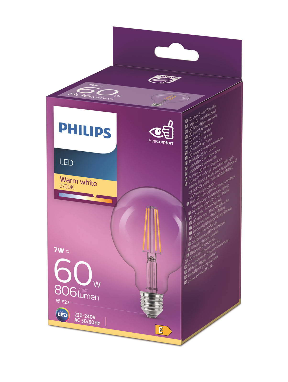 LED filamentpære Globe G95 E27 7W 2700K klar Philips pakket