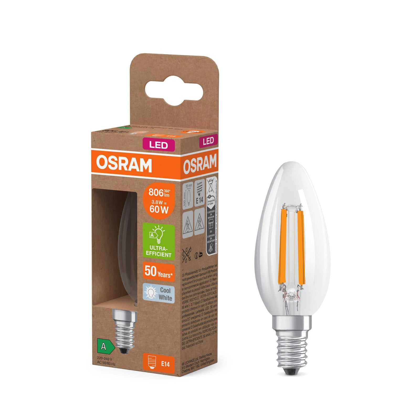 LED filamentpære kronelys E14 3,8W 4000K 806lm klar OSRAM detalj