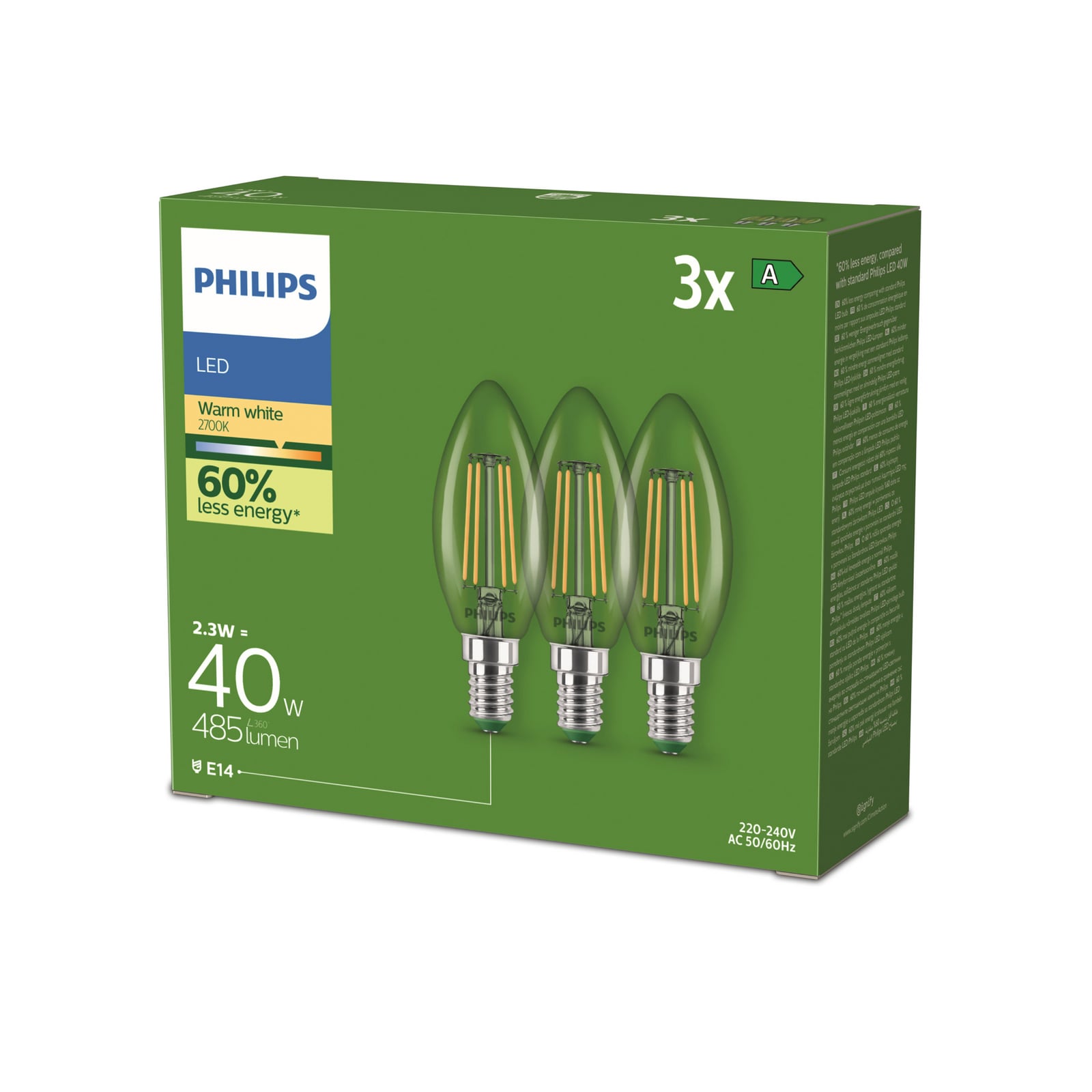 LED filamentpære kronelysform E14 2,3W 2700K klar 3-pk Philips forfra