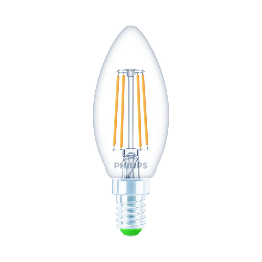 LED filamentpære kronelysform E14 2,3W 2700K klar 3-pk Philips bakside
