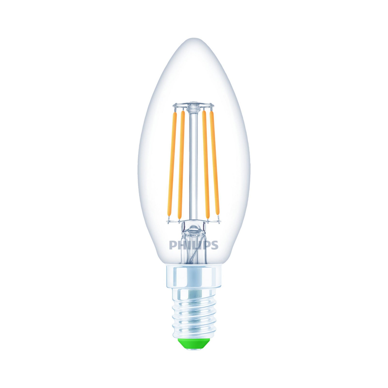 LED filamentpære kronelysform E14 2,3W 2700K klar 3-pk Philips bakside
