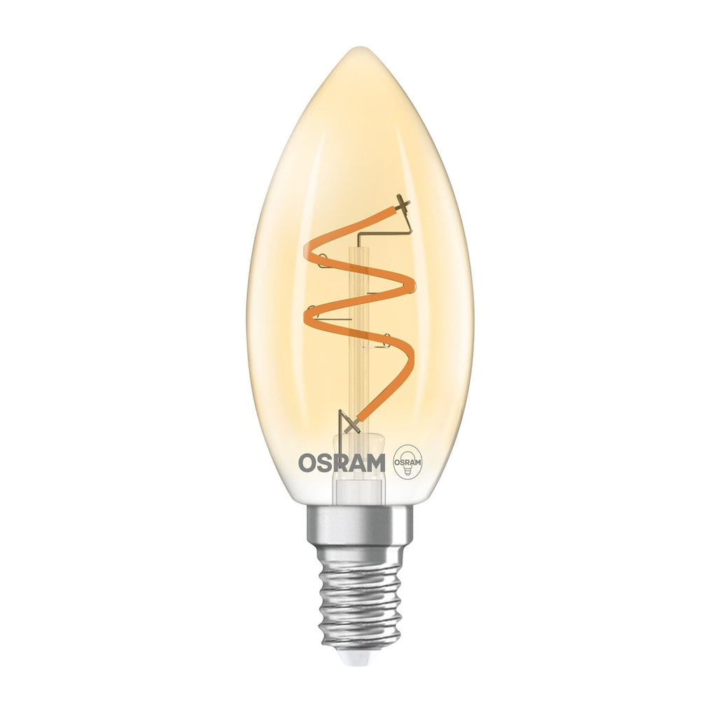 LED filamentpære kronelysform E14 3,5W dimbar gull 2200K - OSRAM forfra