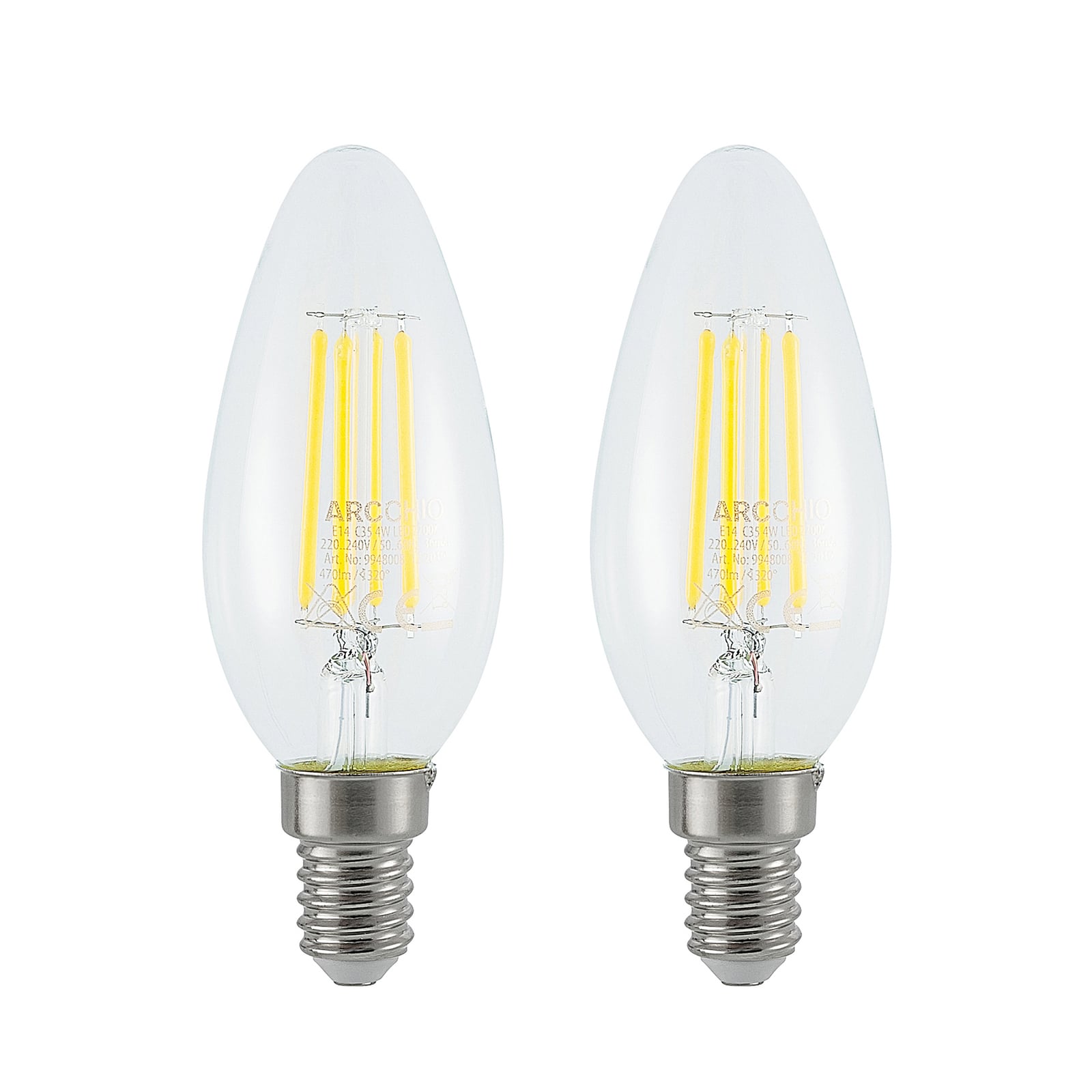 LED filamentpære kronelysform E14 4W 2700K dimbar 2-pk Arcchio forfra