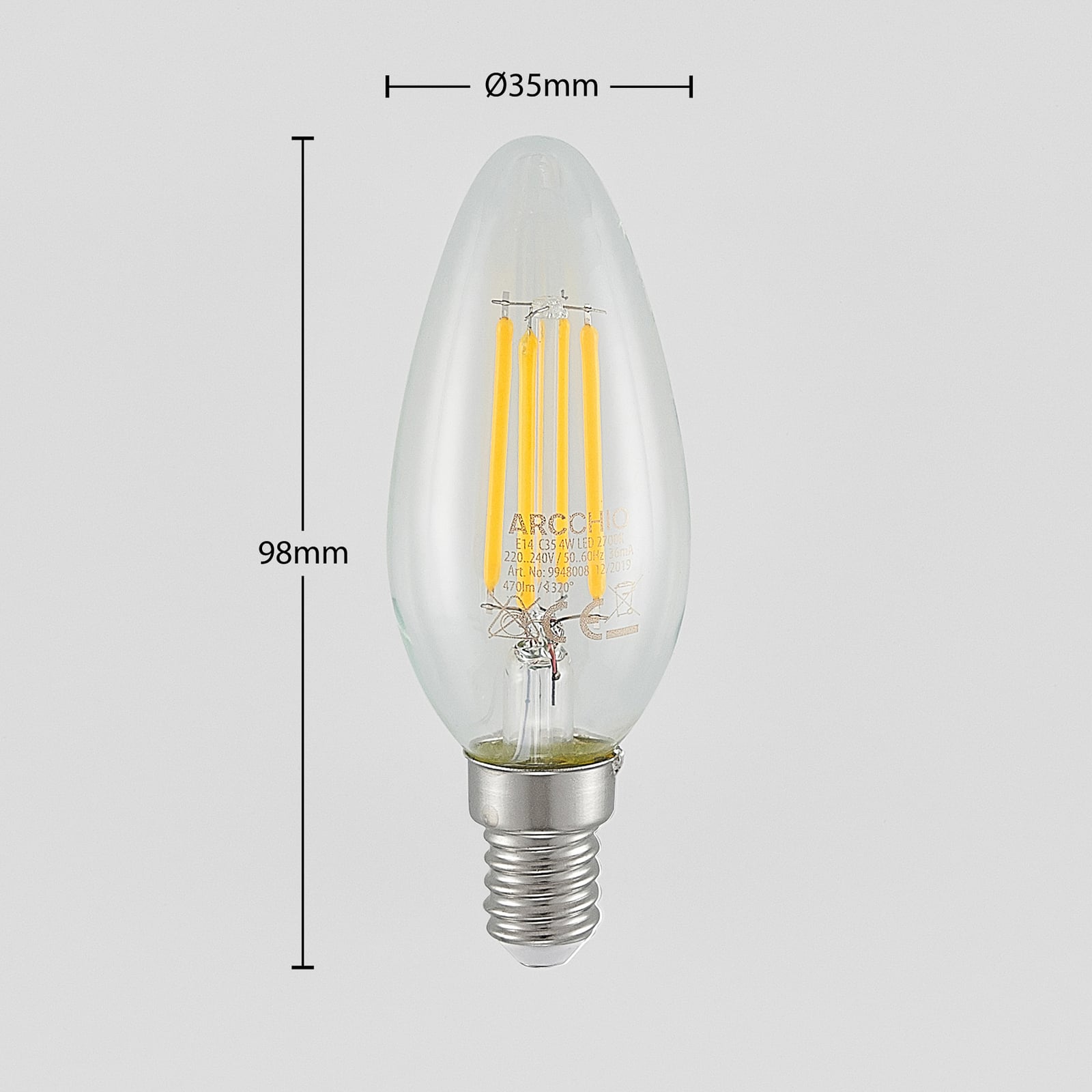 Detalj av LED filamentpære kronelysform E14 4W 2700K dimbar 2-pk Arcchio