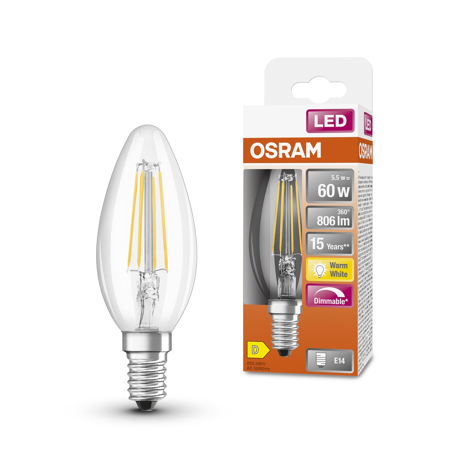 LED filamentpære kronelysform E14 5,5W 2700K dimbar klar OSRAM nærbilde av filament