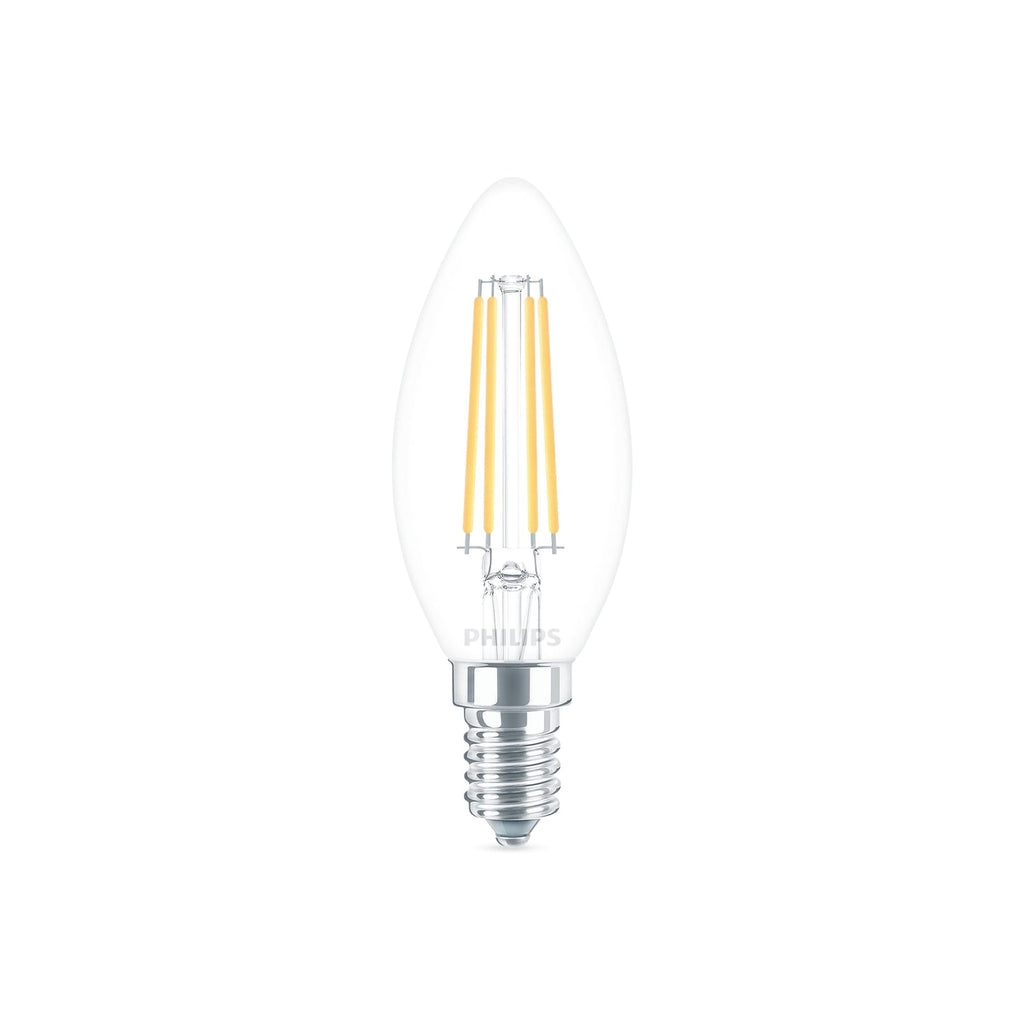 LED filamentpære kronelysform E14 6,5W 4000K klar Philips forfra