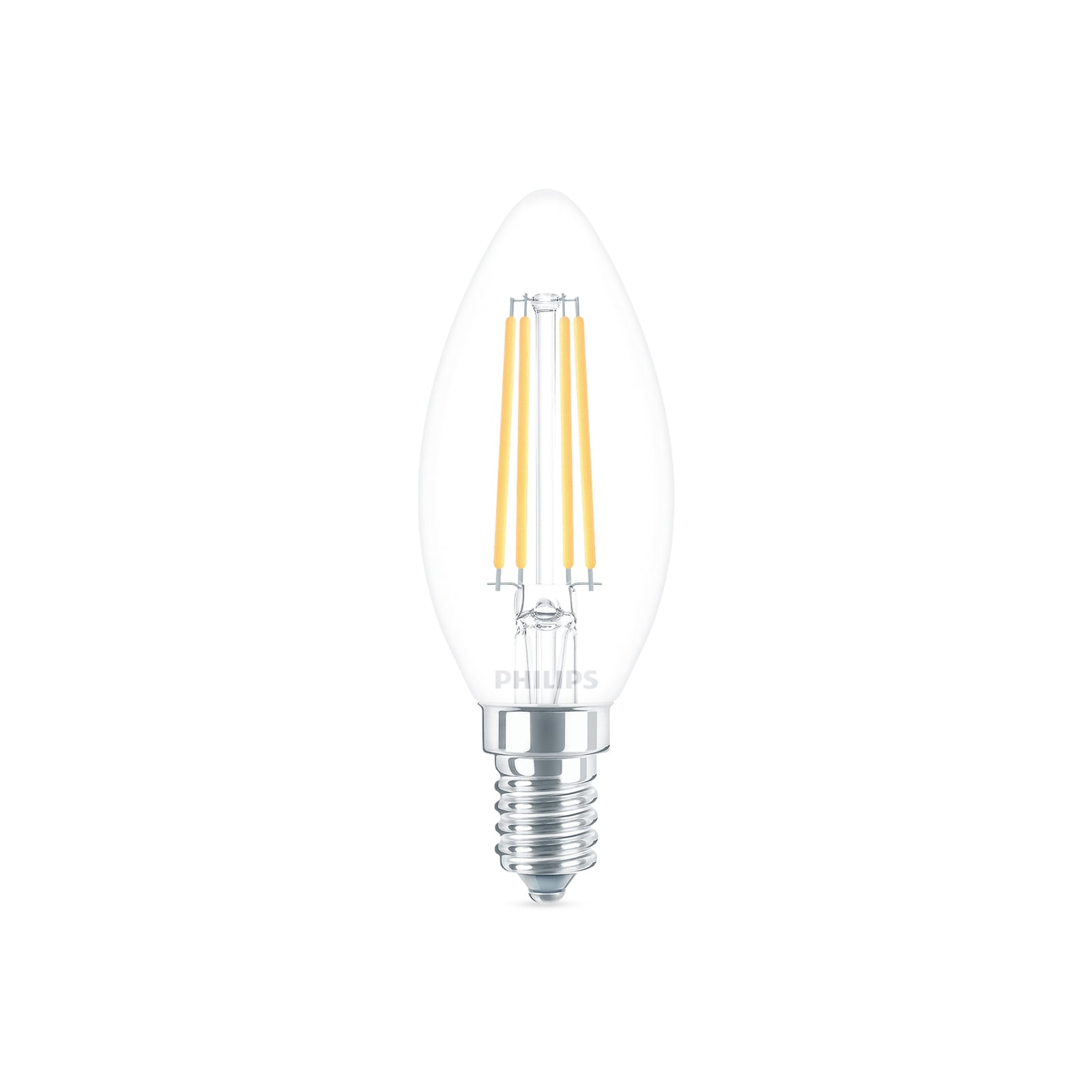 LED filamentpære kronelysform E14 6,5W 4000K klar Philips forfra