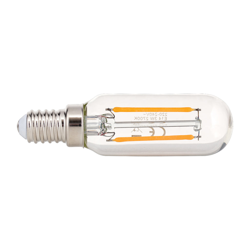 LED filamentpære T25 rørform E14 3W 2700K klar - ORION forfra