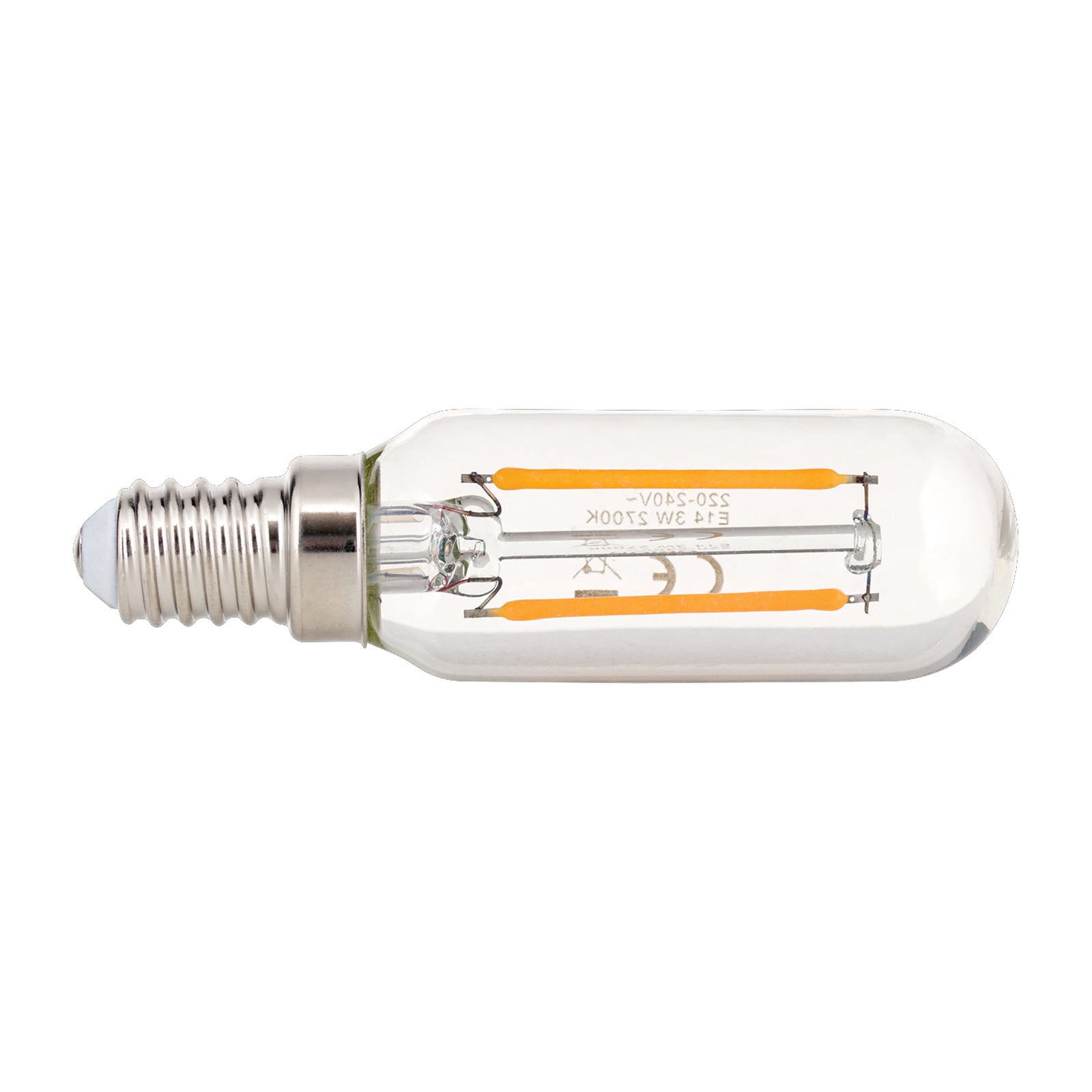 LED filamentpære T25 rørform E14 3W 2700K klar - ORION forfra