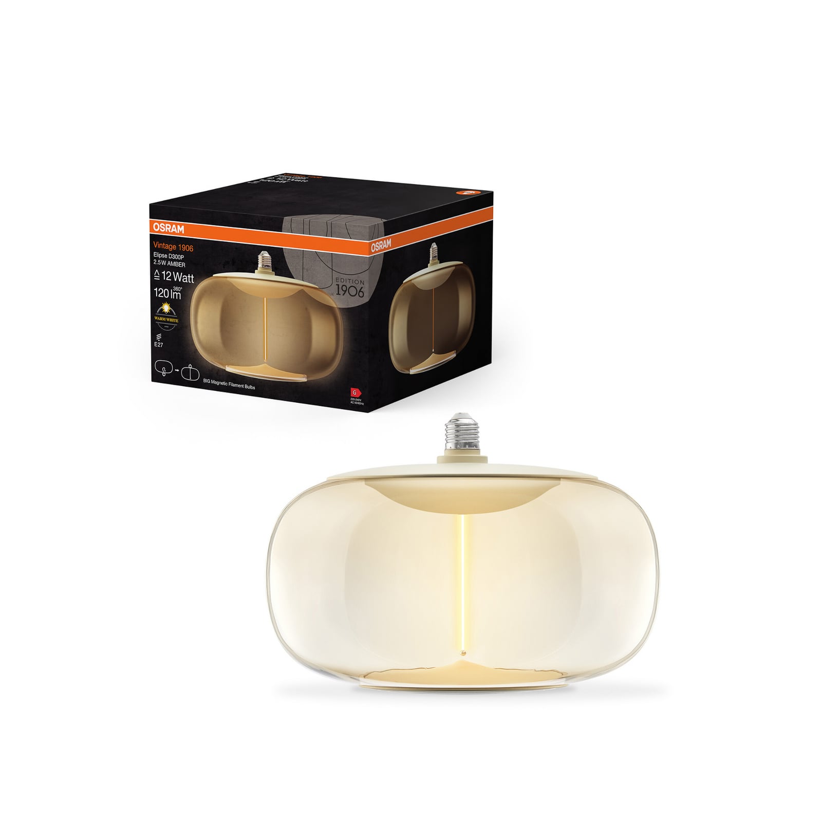 Nærbilde av LED filamentpære Vintage 1906 Big Elipse E27 2,5W ravfarget