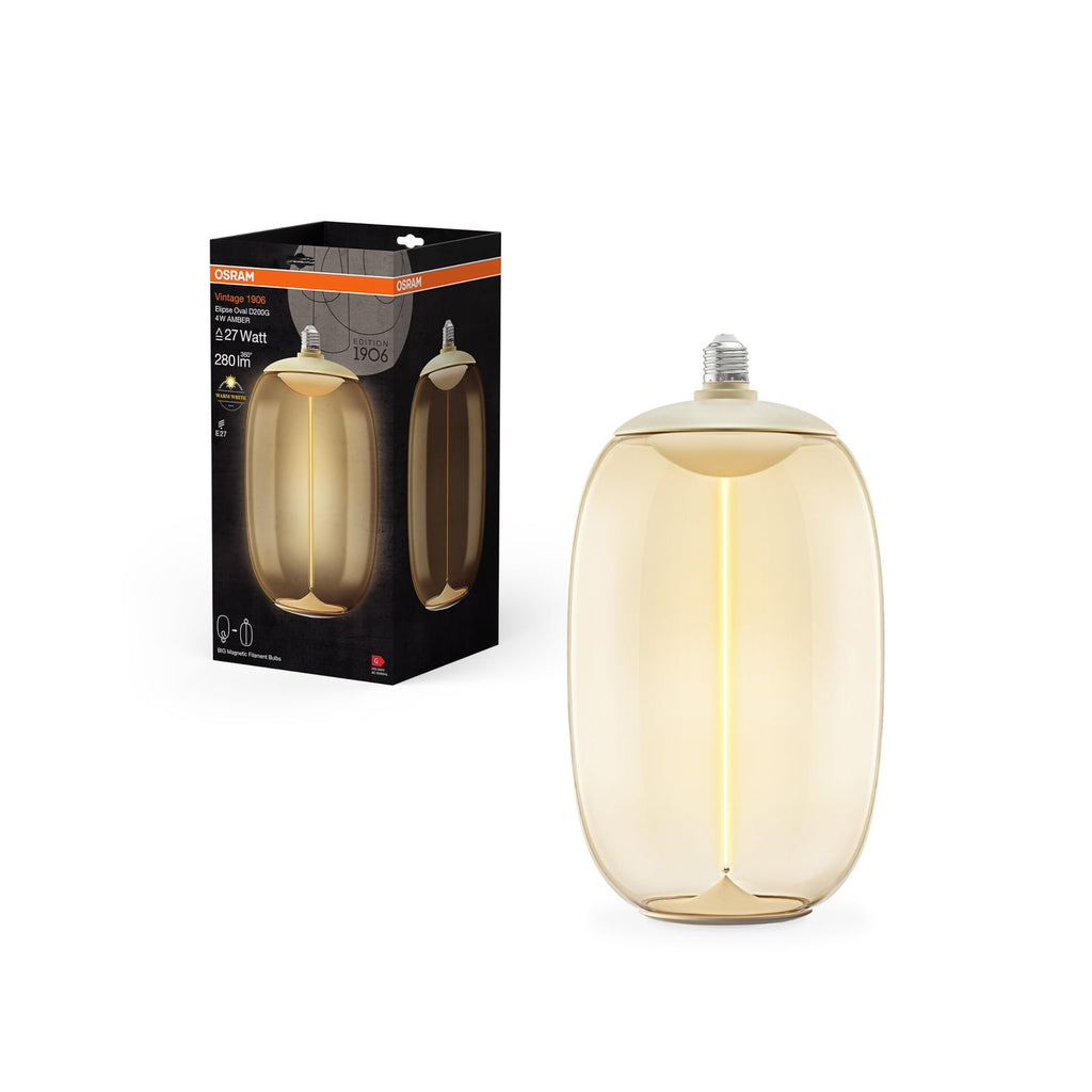 Nærbilde av LED filamentpære Vintage 1906 Big Elipse oval E27 4W ravfarget