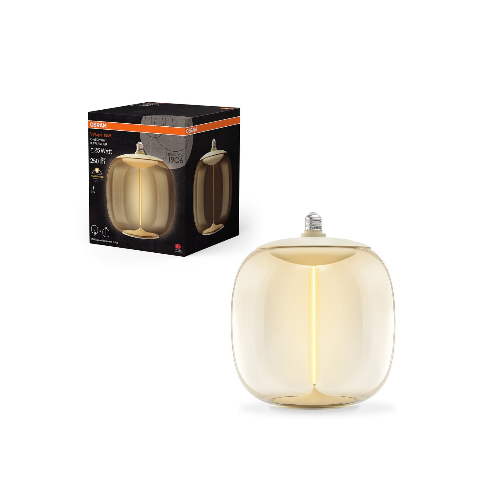 Detalj av LED filamentpære Vintage 1906 Big Oval E27 3,4W 2700K amber