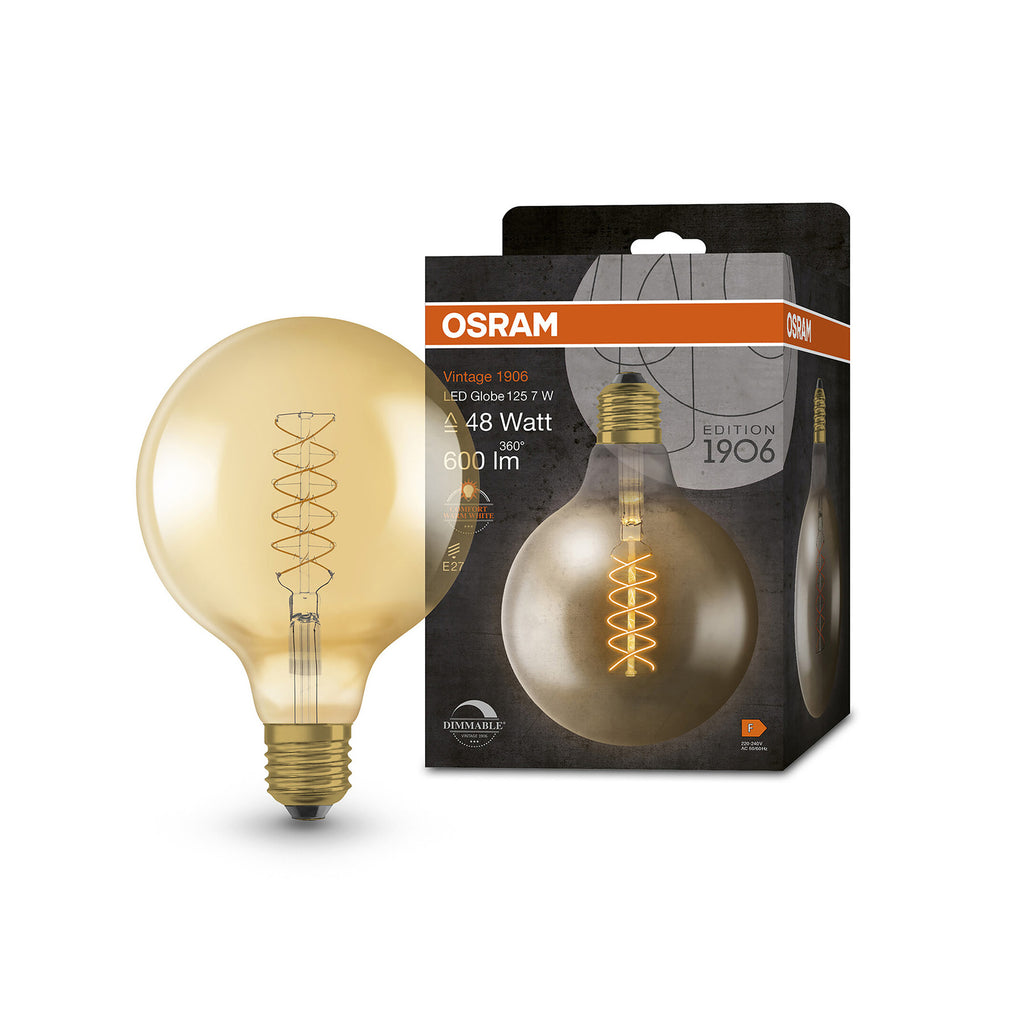 LED filamentpære Vintage 1906 G125 E27 7W 2200K dimbar gull detalj