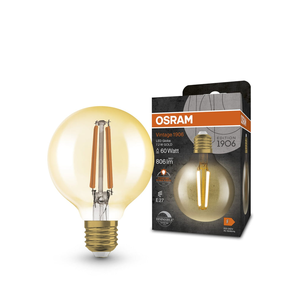 LED filamentpære Vintage 1906 G80 E27 7,2W dimbar gull detalj nærbilde