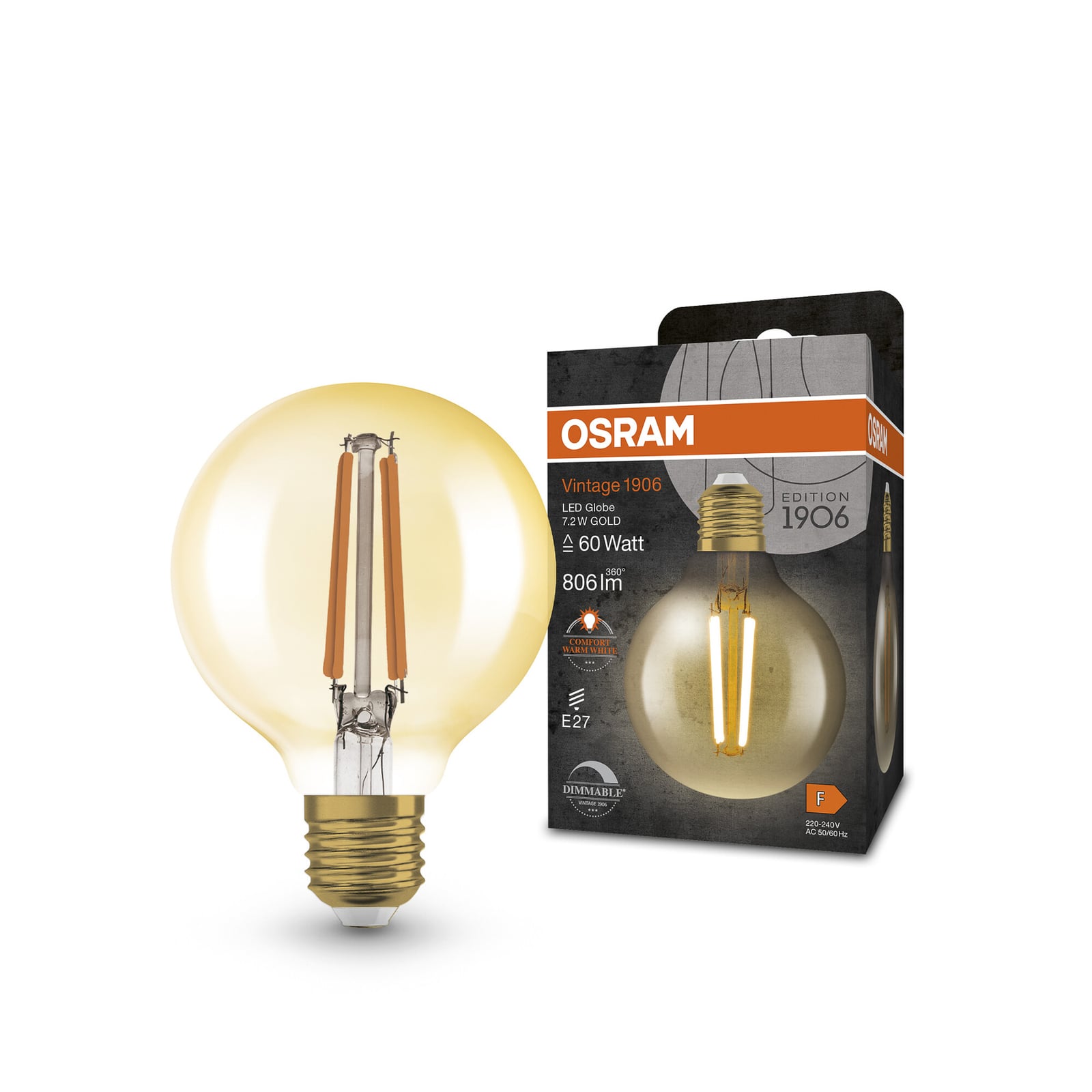LED filamentpære Vintage 1906 G80 E27 7,2W dimbar gull detalj nærbilde