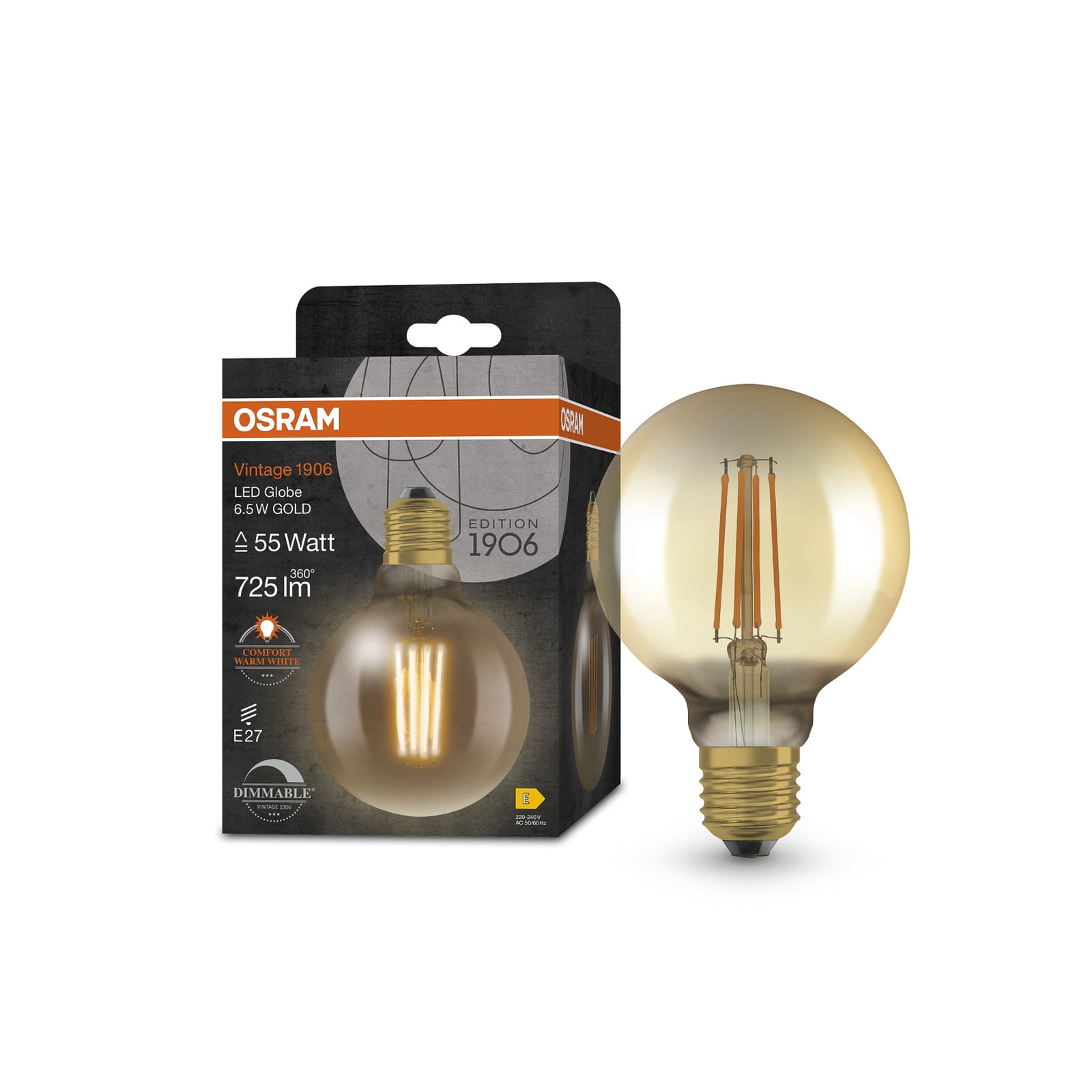 Detalj av LED filamentpære Vintage 1906 G95 E27 6,5W 2400K dimbar gull