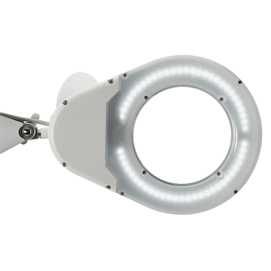 Montert LED forstørrelseslampe MAULviso med klemme hvit 8W 50 cm på bord