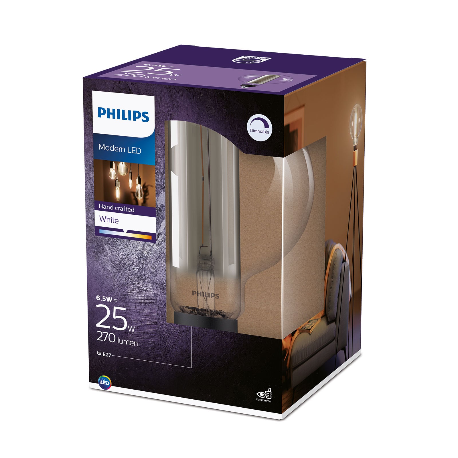Montert LED globepære E27 6,5W 1800K dimbar røykfarget Ø20 cm - Philips i lampe