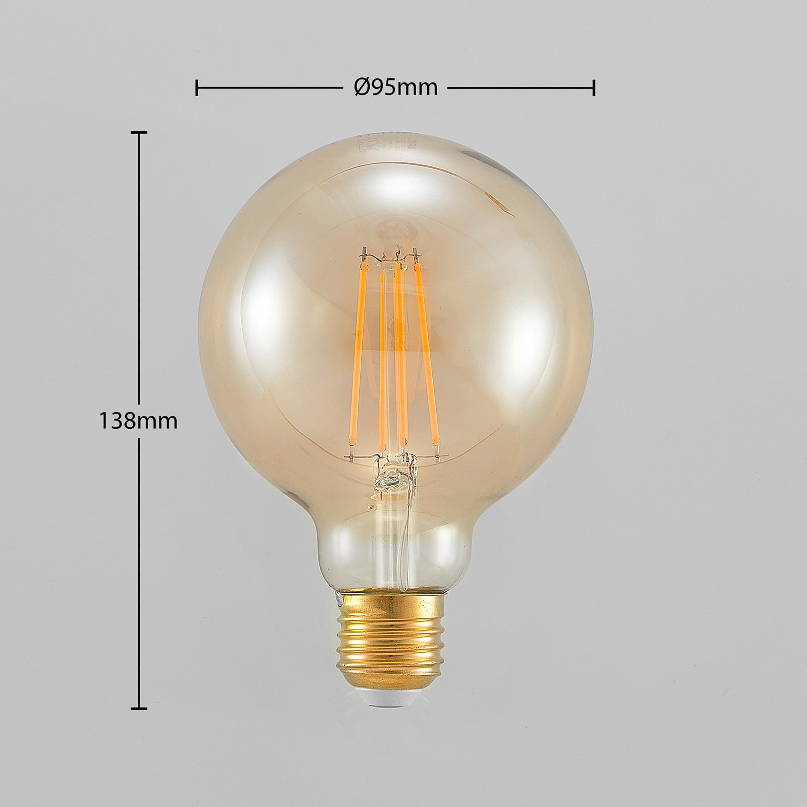 LED globepære E27 G95 6,5W 2500K amber detalj av filament