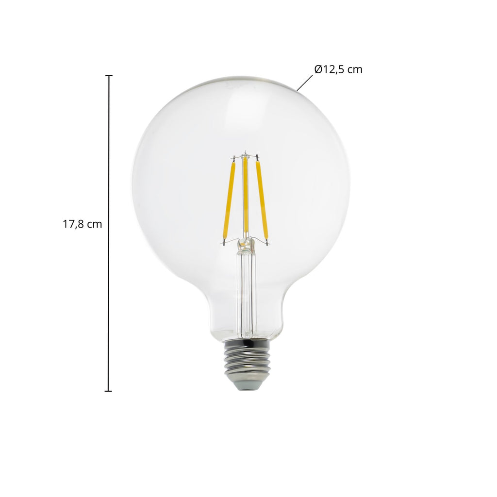 Detalj av LED globepære G125 E27 3,8W 2700K 806lm klar filament