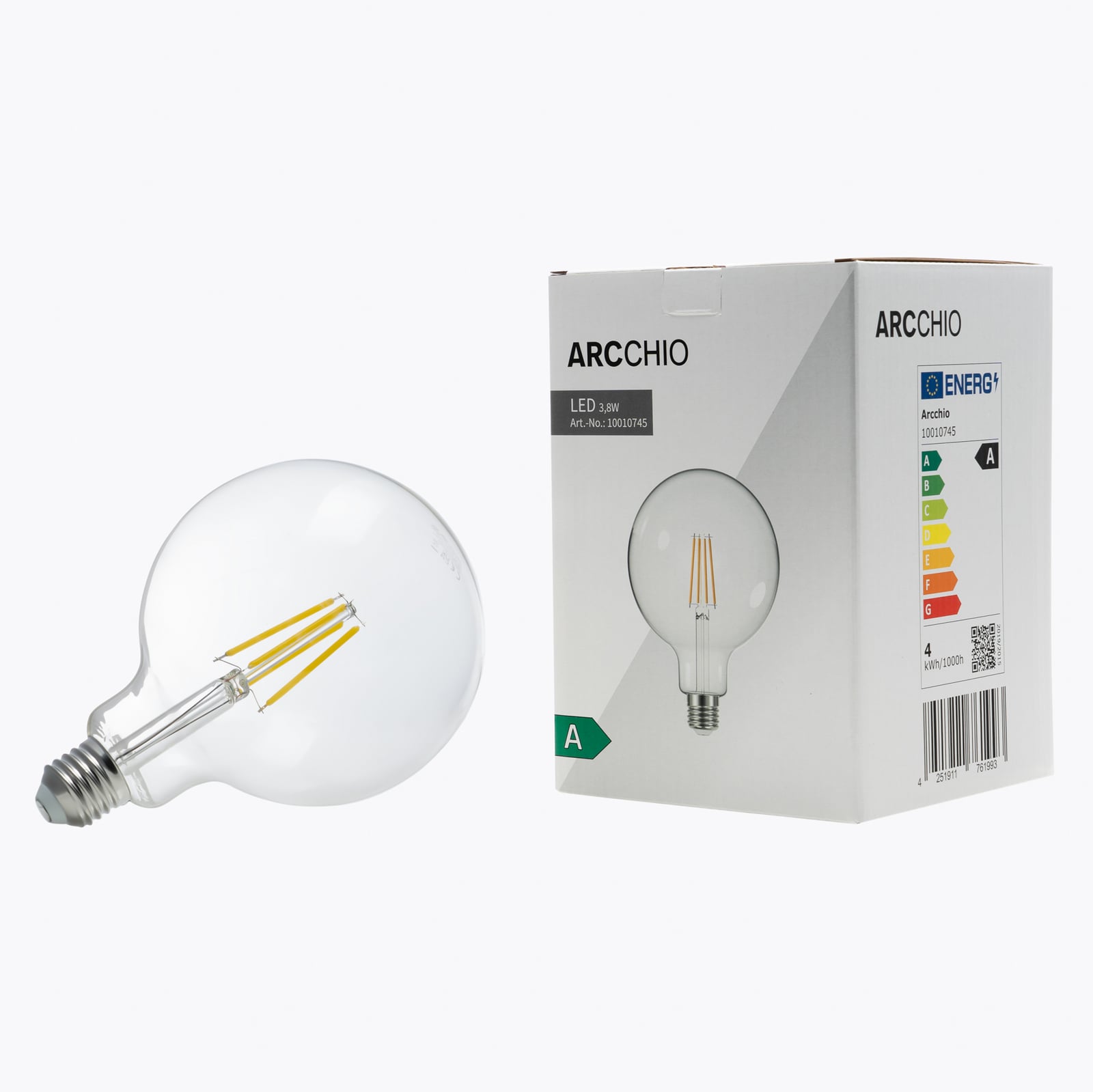 LED globepære G125 E27 3,8W 2700K 806lm klar filament montert