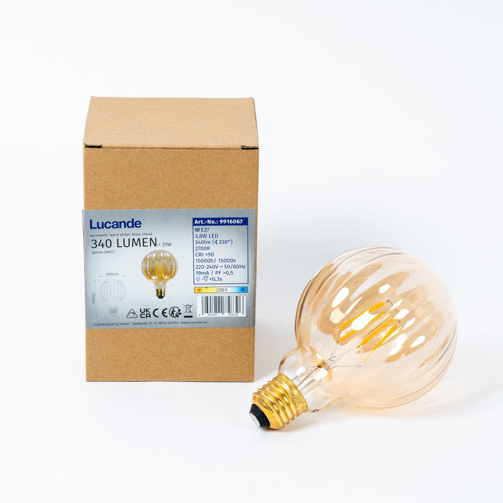 LED globepære E27 3,8W 2700K dimbar amber rillemønster - Lucande pakket i eske
