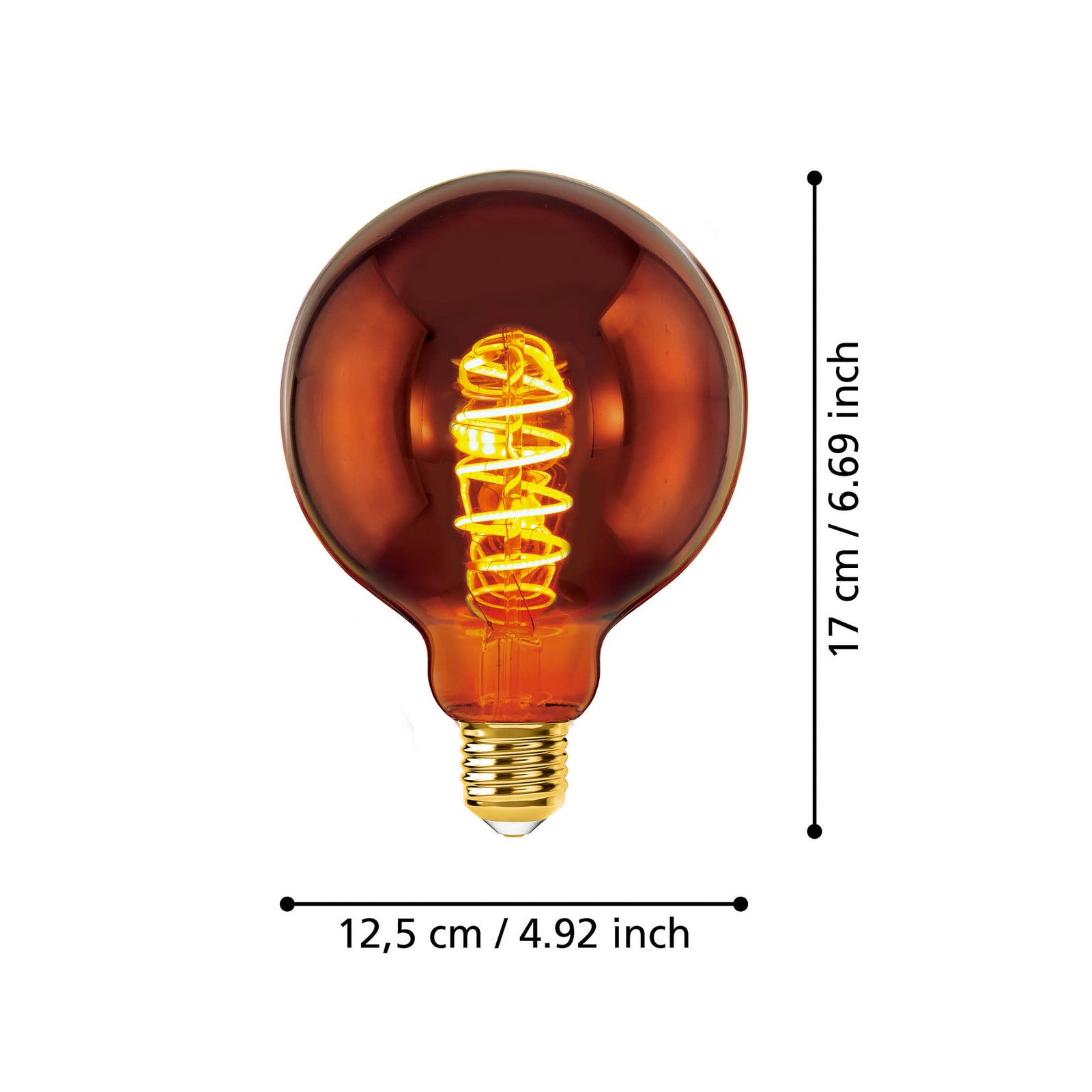 Detalj av LED globepære E27 G125 4W 2000K filament kobber
