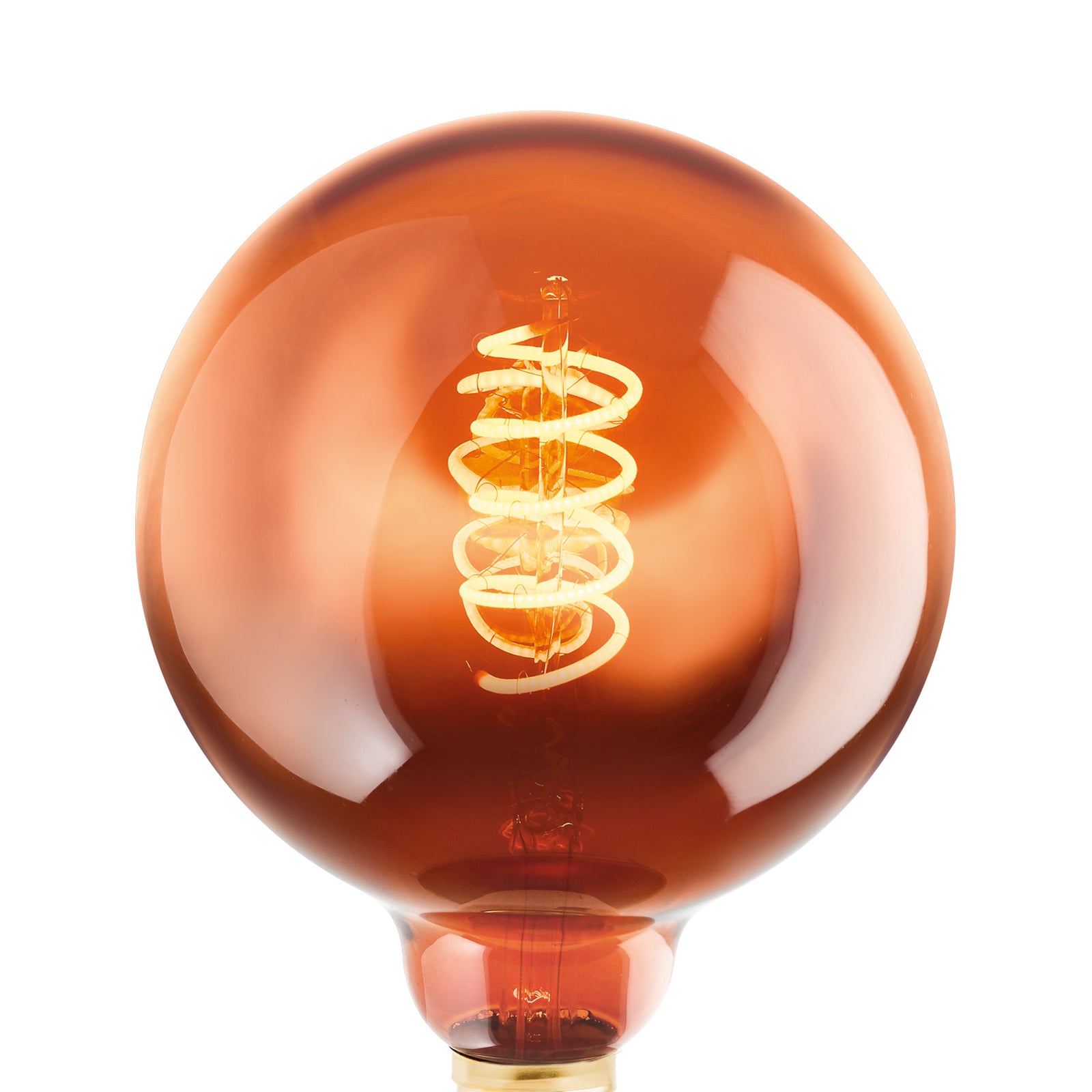 Nærbilde av kobber filament i LED globepære E27 G125 4W 2000K