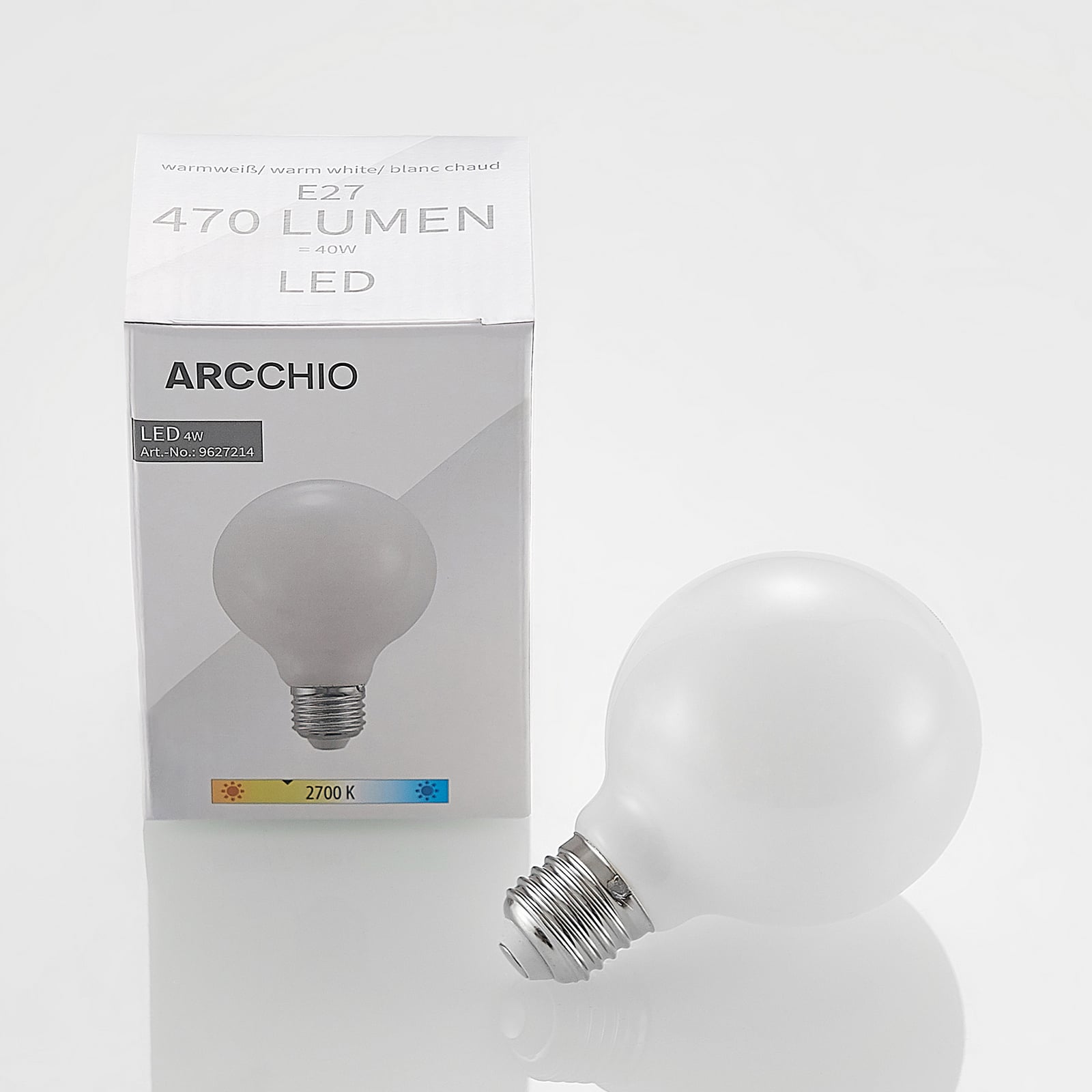 Montert LED-globepære E27 G80 4W 2700K dimbar opal Arcchio i lampe