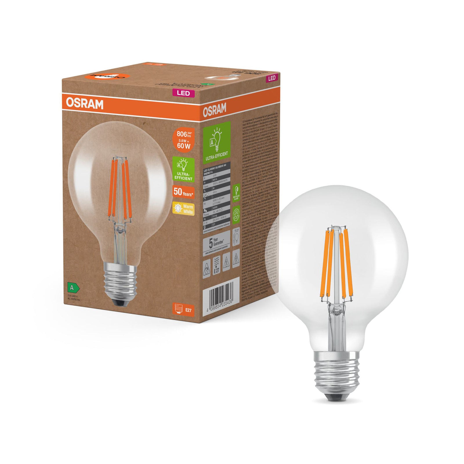 LED globepære filament G95 E27 3,8W 2700K klar OSRAM detalj
