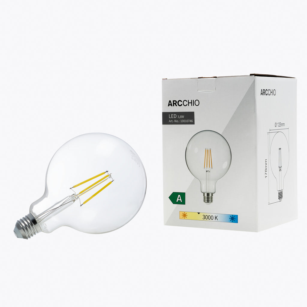 LED globepære G125 E27 3,8W 3000K 806lm klar filament montert