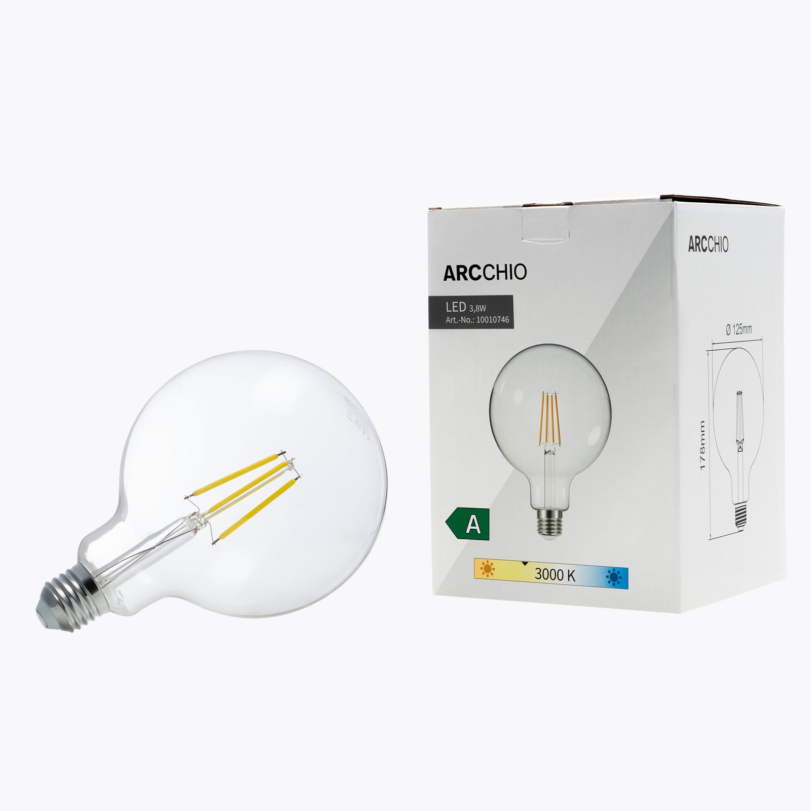 LED globepære G125 E27 3,8W 3000K 806lm klar filament montert