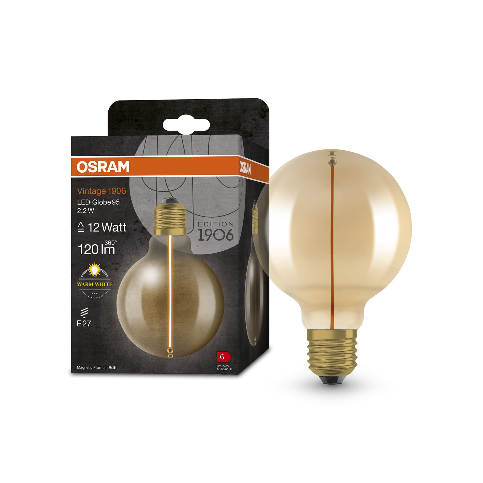 Detalj av LED globepære G95 E27 2,2W 2700K gull filament OSRAM